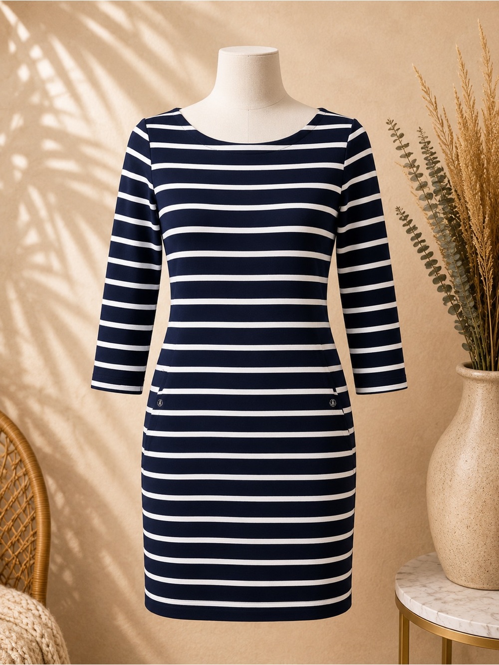 Barbour Size 10 Dark Navy and White Horizontal Striped Cotton Rayon Dress